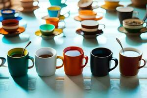 many different colored cups and saucers are lined up on a table. AI-Generated photo