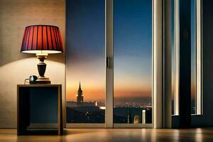 un lámpara y un mesa en frente de un ventana con un ciudad vista. generado por ai foto