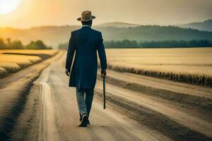 un hombre en un traje y sombrero caminando abajo un suciedad la carretera. generado por ai foto