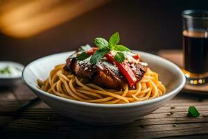 a plate of spaghetti with meat and sauce. AI-Generated photo