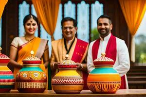 a couple and their friends pose for a photo in front of colorful pots. AI-Generated