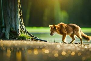 un rojo zorro caminando a lo largo el apuntalar de un lago. generado por ai foto