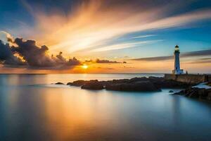 un faro en el Oceano a puesta de sol. generado por ai foto