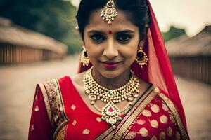 a beautiful indian bride in traditional red sari. AI-Generated photo