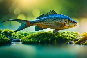 a fish is standing on top of a green plant. AI-Generated photo