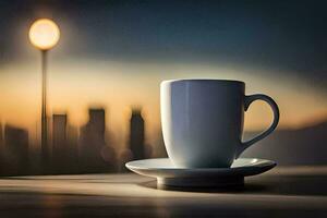 un taza de café en un mesa en frente de un ciudad horizonte. generado por ai foto