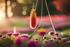 a pink flower is hanging from a string in a field. AI-Generated photo