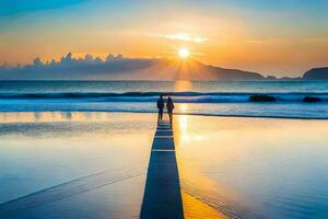 a couple walking on the beach at sunset. AI-Generated photo