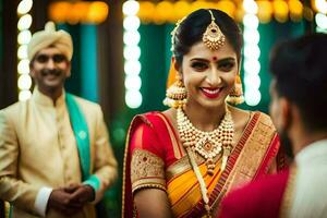 a bride in traditional indian attire smiles at the camera. AI-Generated photo