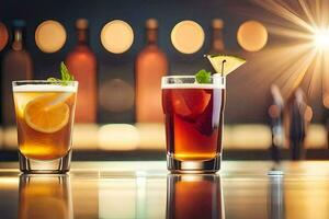 two glasses of alcoholic drinks with lemon slices. AI-Generated photo