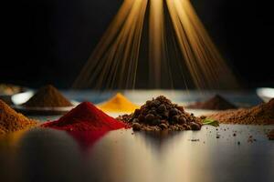 a variety of spices and spices are arranged on a table. AI-Generated photo