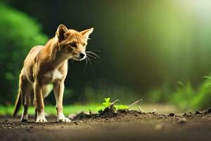 a dingo is standing on the ground in the forest. AI-Generated photo