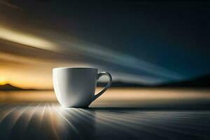 a cup of coffee on a table in front of a sunset. AI-Generated photo