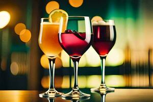Tres lentes de vino con diferente bebidas en un mesa. generado por ai foto