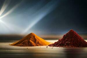 two different colored powders sitting on a table. AI-Generated photo