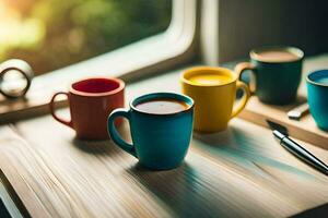 vistoso café tazas en un mesa. generado por ai foto