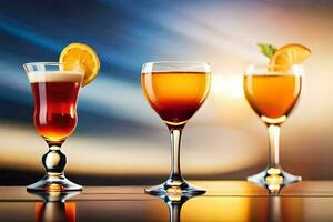 three glasses of different drinks with orange slices. AI-Generated photo