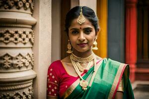 a beautiful indian woman wearing a traditional sari. AI-Generated photo