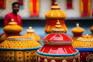 a man is standing in front of colorful pots. AI-Generated photo