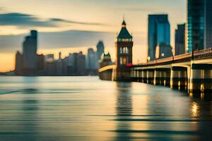 a bridge over water with a city skyline in the background. AI-Generated photo