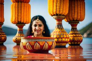 a woman smiles while holding a bowl of colorful flowers. AI-Generated photo