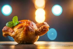 un pollo pierna en un de madera mesa con luces. generado por ai foto