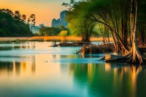 a river with trees and rocks in the foreground. AI-Generated photo