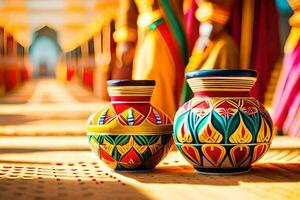 two colorful vases are sitting on a wooden floor. AI-Generated photo