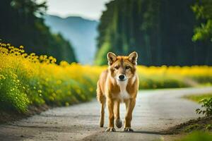 a dog walking along a road in front of yellow flowers. AI-Generated photo