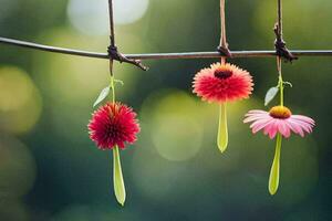 three flowers hanging from a wire. AI-Generated photo