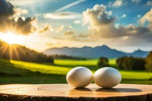 two eggs on a table in front of a green field. AI-Generated photo