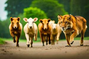 un grupo de vacas y un león caminando en un la carretera. generado por ai foto