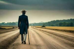 un hombre en un traje camina abajo un suciedad la carretera. generado por ai foto