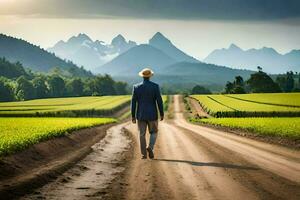 a man walking down a dirt road in front of a green field. AI-Generated photo