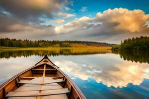 a canoe is floating on a calm lake with a sky and clouds. AI-Generated photo