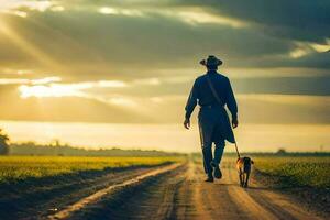 a man walking his dog on a dirt road. AI-Generated photo