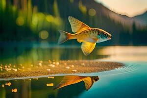 a fish is flying over a lake with water and trees. AI-Generated photo