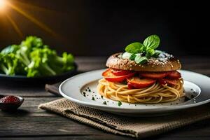 a plate with a burger and spaghetti on it. AI-Generated photo