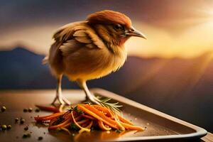 un pequeño pájaro es en pie en un bandeja con zanahorias. generado por ai foto