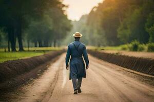 un hombre en un sombrero y traje caminando abajo un suciedad la carretera. generado por ai foto