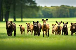 a herd of deer and bears walking through a field. AI-Generated photo