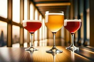 three glasses of different colored drinks on a table. AI-Generated photo