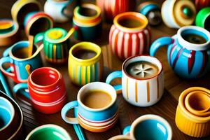 many colorful coffee cups and saucers are arranged on a table. AI-Generated photo