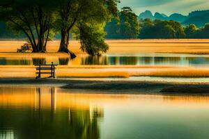 a bench sits in the middle of a lake. AI-Generated photo