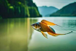 a fish is floating in the water near a mountain. AI-Generated photo
