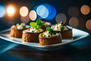 small appetizers on a plate with lights in the background. AI-Generated photo