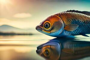 a fish is reflected in the water with a sun in the background. AI-Generated photo