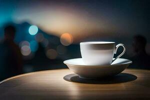 a cup of coffee on a table in front of a blurred background. AI-Generated photo