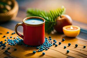 candle in a red mug with blueberries on a wooden table. AI-Generated photo