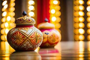 two colorful vases sit on a table in front of a bright light. AI-Generated photo